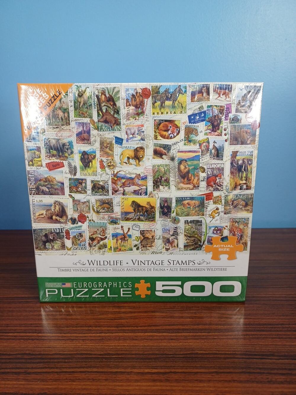 Wildlife Lions Zebras Hippo Vintage Stamps 500 Piece Jigsaw Puzzle Made In USA